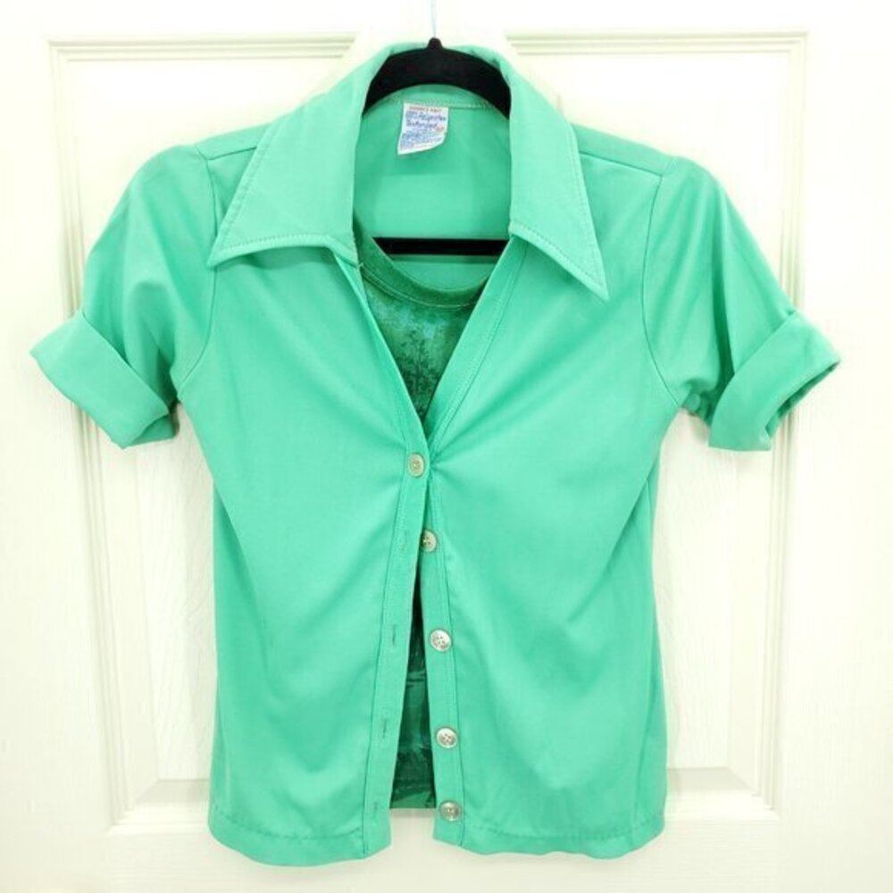 VTG 60s/70s Equestrian-Themed Layered Dagger Collar Blouse S Green